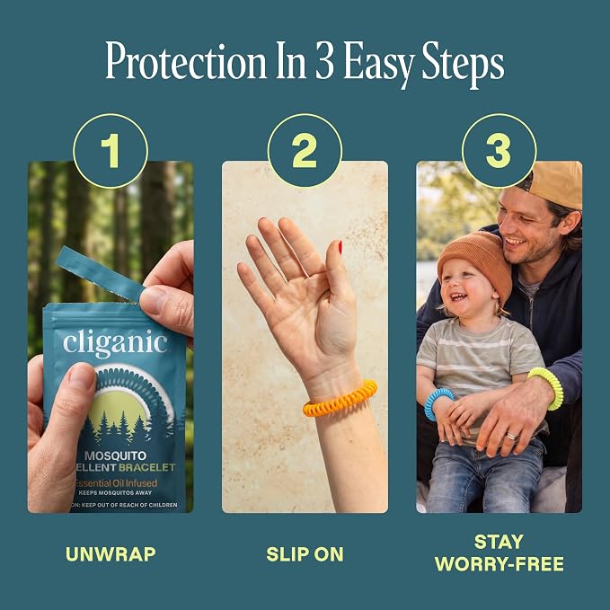 Cliganic 25 Pack Mosquito Repellent Bracelets for Adults & Kids - Natural DEET-Free Bands, Individually Wrapped