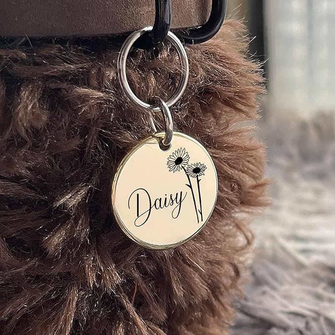 Cats Dogs ID Tags Personalized Engraving Birth Flowers Pattern for Custom Pets Collar Accessories Shiny Brass Copper Medium Round Name Plate