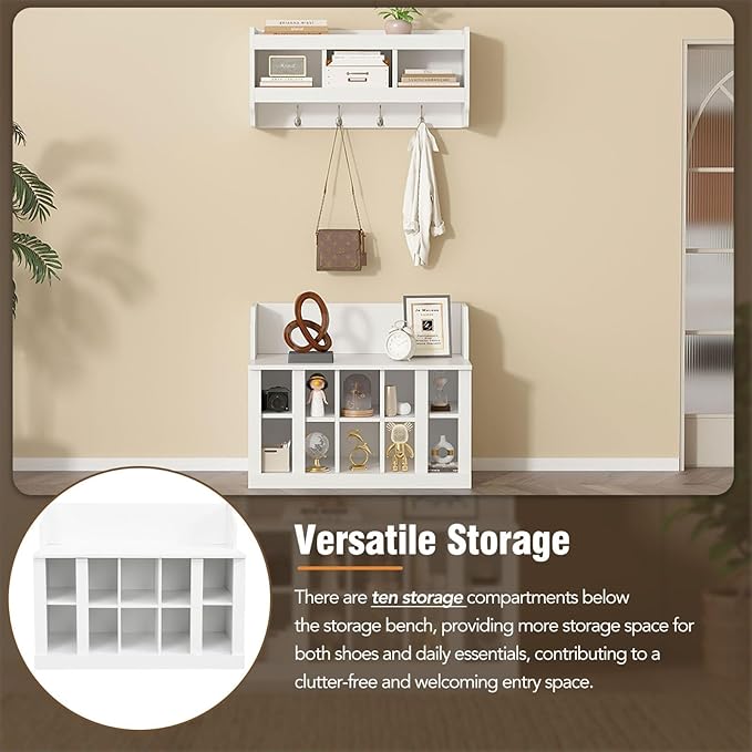 Contemporary Shoe Storage Bench with Wall Mounted Coat Rack, Elegant Hall Tree for Entryway, Mudroom, White