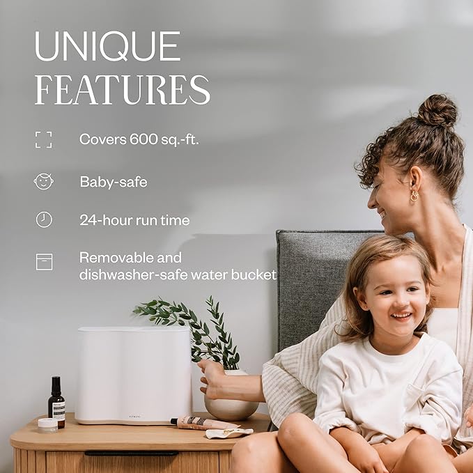 Vitruvi Cloud Bedside Humidifier, Dove, 24 Hr Run Time, 602ft Coverage, Large Home Bedroom - Night Mode - Includes 3 Month Filter