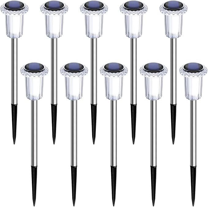 DenicMic Solar Lights Outdoor 10 Pack Waterproof 6000K Cold White LED Stainless Steel Stake Outside Lights for Yard Pathway Garden Driveway Walkway Landscape Path Lighting