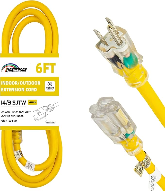 Indoor Outdoor Extension Cord Weatherproof with Lighted End, UL Certified, 14 Gauge 6FT Yellow 3 Prong Heavy Duty, 14/3 SJTW 15A Power Cord for Outdoor Lights, Lawn