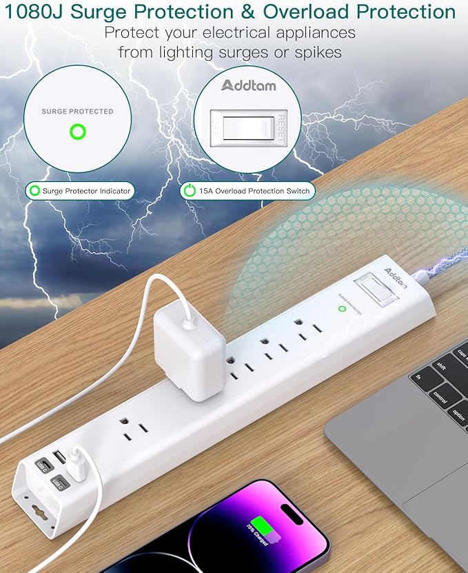 10Ft Surge Protector Power Strip - Long Extension Cord, Addtam 5 Widely Outlets 4 USB Ports, Flat Plug, Multi Plug Outlet Extender, Desk Charging Station for Home Office College Dorm Room Essentials