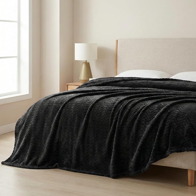 Exclusivo Mezcla Soft Fleece Blanket Queen Size for Bed, Sofa, Black | 90"x90" Breathable Lightweight Flannel Blanket for Summer, Plush Cozy Jacquard Wave for Home Decor