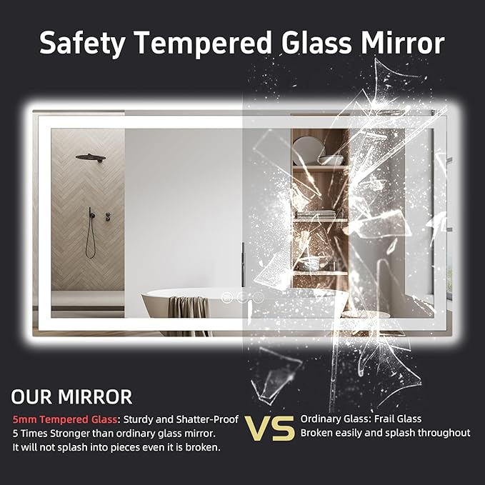 55"x 36" LED Bathroom Mirror with Lights, Double Lighting Sources Dimmable, Backlit + Front Lit, Anti-Fog, 3 Colors Lighted Bathroom Vanity Mirror for Wall Tempered Glass (Horizontal/Vertical)
