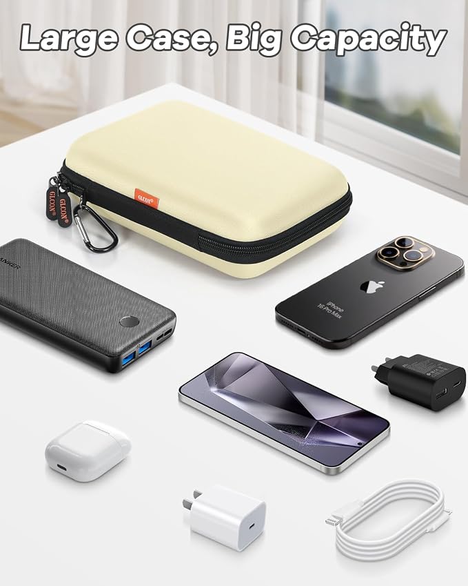 Clean-Beige Hard Shell Case for Electronic Accessories Organizer - Large Hard Carrying Case for Power Bank, External Hard Drive, Cell Phone, Charger, Cable - Portable Protection Travel Pouch Bag