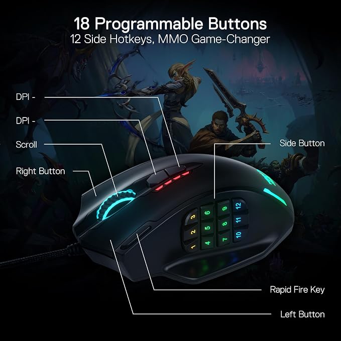 Redragon M908 Wired MMO RGB Gaming Mouse 12400 DPI Remapping Keys | Stable Lag-Free Connection, Redefine Keybinding Macro, Vibing Backlight, Ergonomic Grip Body Comfort