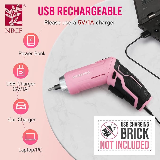 WORKPRO 75-Piece Pink Tools Set, 3.7V Rotatable Cordless Screwdriver and Household Tool Kit, Basic Tool Set with 13'' Portable Steel Tool Box for Home, Garage, Apartment, Dorm, New House - Pink Ribbon