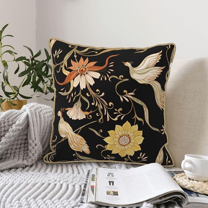 Flowers Birds Velvet Pillow Covers 20x20 Inch Vintage Floral Black Throw Pillows for Couch Farmhouse Cushion Covers Pillowcase Retro Rustic Pillow Cases for Sofa Bed Living Room Outdoor