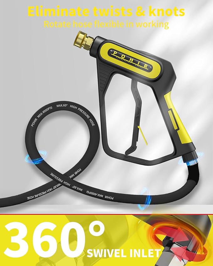 POHIR 5000PSI Pressure Washer Gun, 40 Inch Adjustable Length with 3/8" Swivel Plug & M22-14/15mm Fitting & 5 Nozzle Tips, Power Washing Gun with Wand Extension (5000psi Gun)