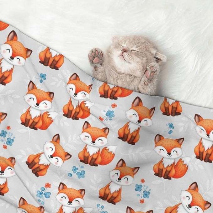 Reversible Pet Blanket for Sofa Protection Pet Comfort, Cute Fox, Double Sided Design with Cozy Nubby Nap Side and Durable Smooth Play Side