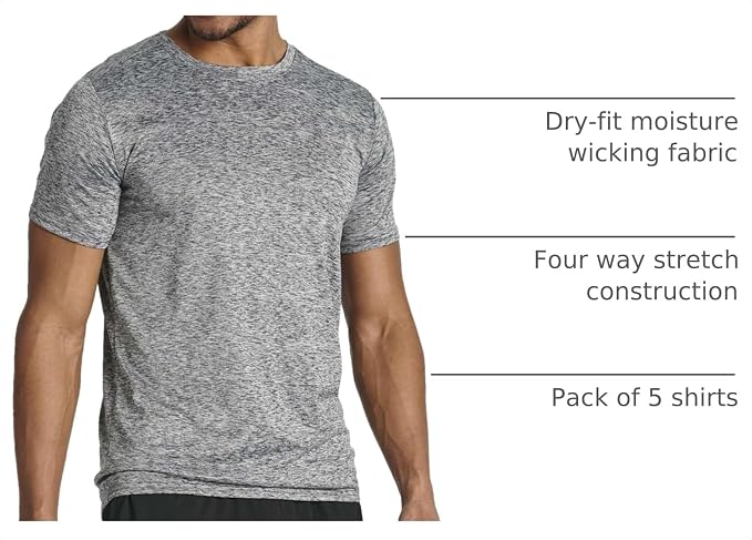 5 Pack Men's Dry Fit Short Sleeve T-Shirt Gym Workout Athletic Running Tee | Cooling, Moisture-Wicking, Crew Neck, Quick-Dry, Breathable, Active, Exercise, Fitness, Basketball, Cycling, Hiking, Tennis