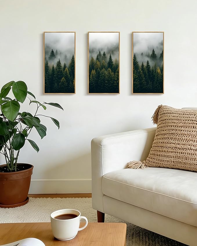 KUVIOKE Nordic Forest Wall Art Framed Misty Pine Tree Modern Prints Ready To Hang for Bedroom 8x16in3pcs Natural Framed