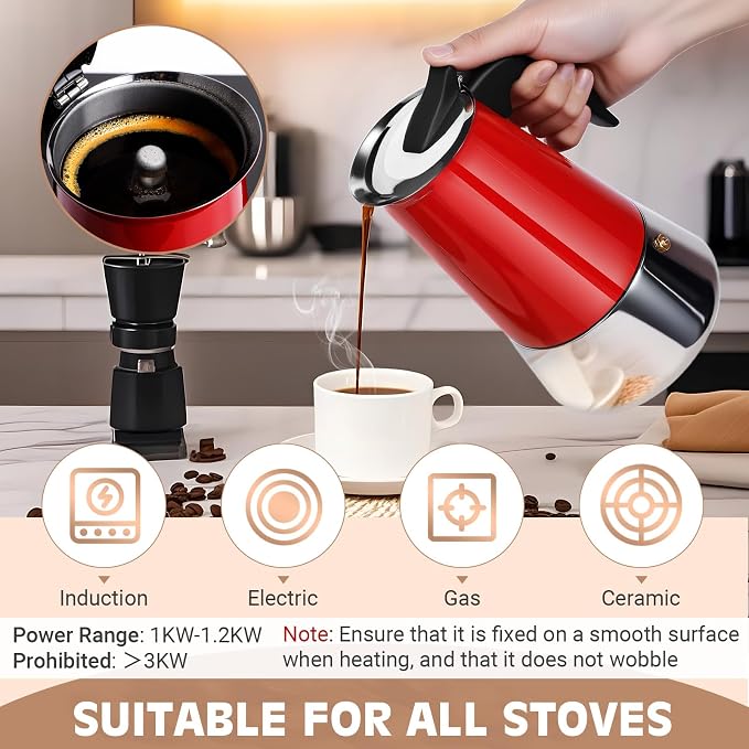 9 Cup Stainless Steel Moka Pot, 450ml Stovetop Espresso Maker, Red | 304 Stainless Steel Mocha Pot, Induction Compatible, Greca de Cafe, Cuban and Italian Coffee Maker
