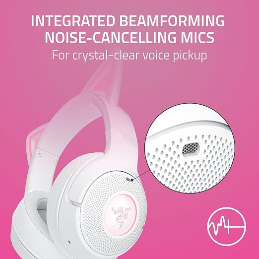 Razer Kraken Kitty V2 BT Wireless RGB Headset, White | Chroma RGB Kitty Ears & Earcups, Bluetooth 5.2, 40 mm Drivers, Noise-cancelling Mics, Lightweight, USB-C, 40 Hr Battery