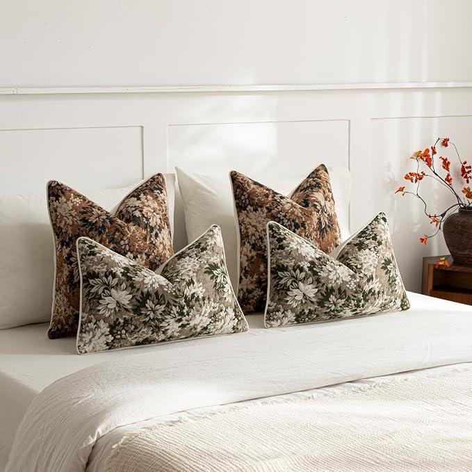Pack of 2 Vintage Floral Throw Pillow Covers 20x20 Boho Farmhouse Accents Chenille Square Decorative Pillow Cases for Living Room Couch Bed Home Decor, Cognac