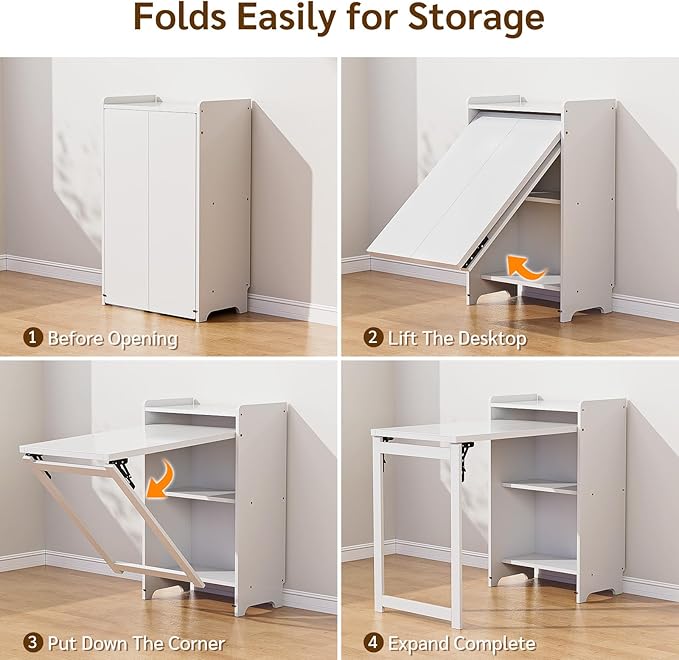 Bamboo Folding Desk with Storage, Foldable Desk for Small Spaces, White | Space-Saving Computer Desk with Storage, Compact Size, Writing Study Table for Home Office, Bedroom, Dorm, Apartment