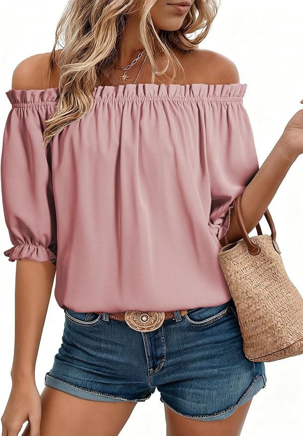 EVALESS Womens Tops Off The Shoulder Blouses for Women Dressy Casual Cute Puff Sleeve T Shirts Fashion 2026
