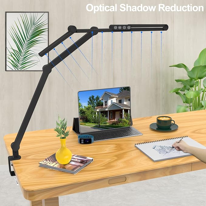 Micomlan Led Desk Lamp with Clamp, Architect Desk Lamp for Home Office with Atmosphere Lighting, 24W Ultra Bright Auto Dimming Computer Light Stepless Dimming and Tempering LED Table Light