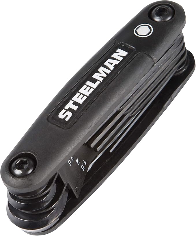Steelman Portable Folding Hex Key Wrench Metric Multi-Tool, Set Includes 1.5, 2, 2.5, 3, 4, 5, 6, and 8mm Sizes, Chamfered Ends, Steel, Corrosion-Resistant Black Oxide Coating