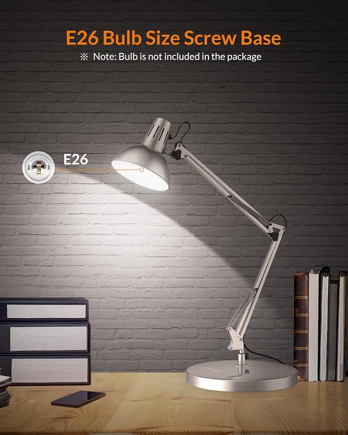 LEPOWER Metal Adjustable Desk Lamp with Clamp, Swing Arm for Home Office | Gooseneck, Architect Style, Eye-Caring Table Lamp, On/Off Switch, E26 Base, Reading for Dorm, Bedroom, Study, Back to School
