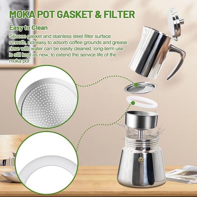 2 Pcs Filter with 3 Pcs Silicone Gasket Seals for 12 Cup Stovetop Espresso Coffee Maker Replacement Parts for 304 Stainless Steel Moka Pot