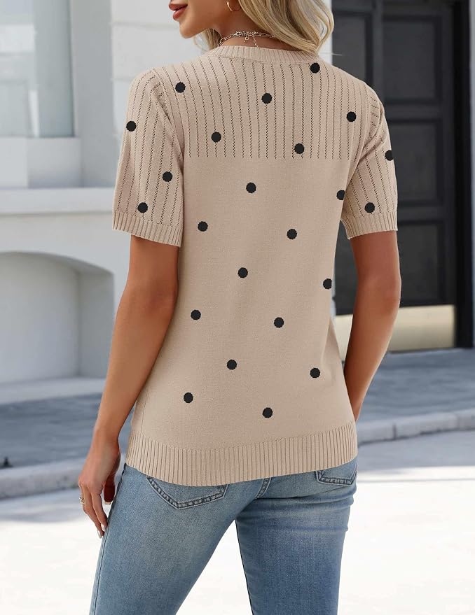 Zeagoo Women's Short Sleeve Sweater Tops 2026 Spring Summer Crew Neck Hollow Out Blouses Dressy Business Casual Outfits