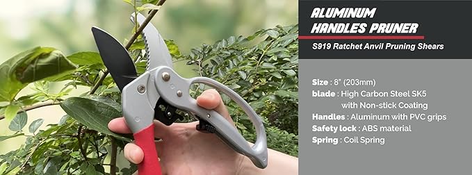 Ratchet Anvil Pruning Shears,Anvil Pruner For Gardening,Hand Pruners for Tree trimming,Carbon Steel Garden clippers, Garden Shear, Pruning Shear,Heavy Duty ratchet shears for Hardy branches,deadwoods