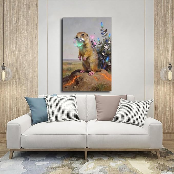 Framed Steampunk Mechanical Prairie Dog Wall Art - Retro-Futuristic Wilderness Poster for Living Room Game Room Decor 20x30inch(50x75cm)