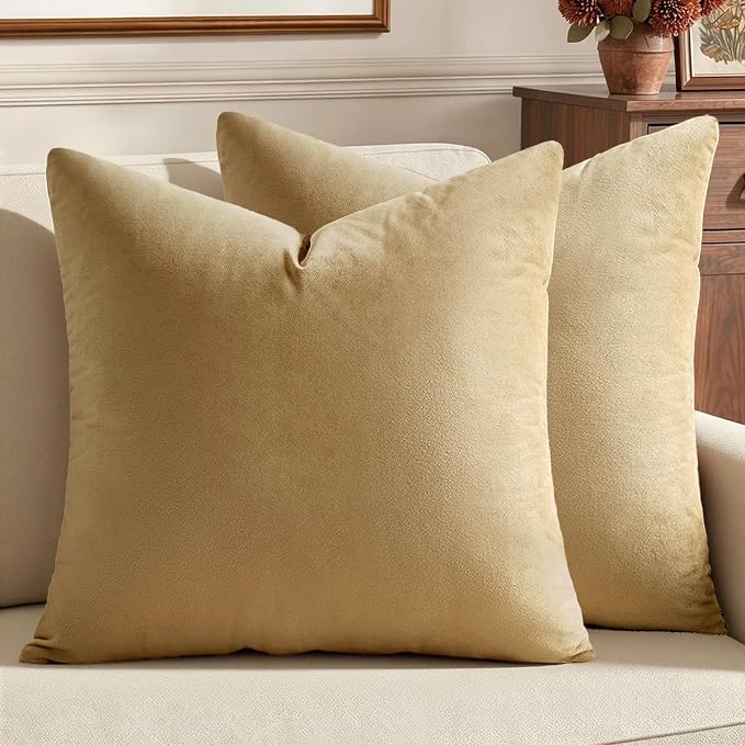 MIULEE 24x24 Inch Pack of 2 Euro Velvet Throw Pillow Covers Khaki | Soft Solid Decorative Euro Sham, Modern Luxury Home Decor, for King Bed Sofa Couch Bedroom Livingroom