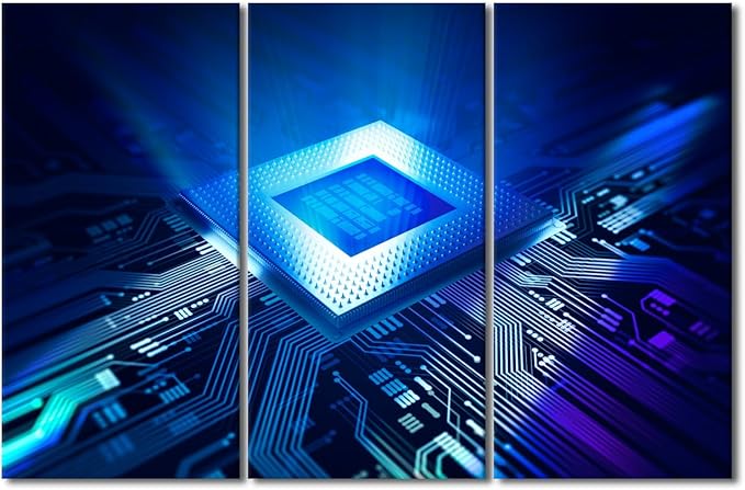 TUMOVO 3 Panels House Decorations Wall Art CPU Concept Wall Pictures for Living Room Computer Chip Canvas Wall Art Digital Age Modern Wall Painting Prints on Canvas Framed Ready to Hang(40" Wx60 H)
