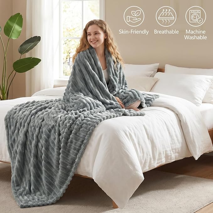 Gray Twin Blanket for Bed & Couch, 60 x 80 Inch | 300GSM Ribbed Fleece Blanket, Soft, Cozy & Lightweight, OEKO-TEX Certified, All-Season Use for Travel, Dorm & Home Decor