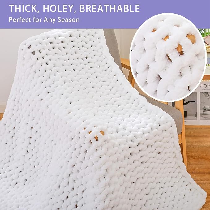 Bigacogo Chunky Knit Throw Blanket for Couch, 60x80 inches, Pure White | Hand Knit with Jumbo Chenille, Soft Breathable Cable Knit for Sofa Bed Living Room, Machine Washable, Gift for Mom Friend