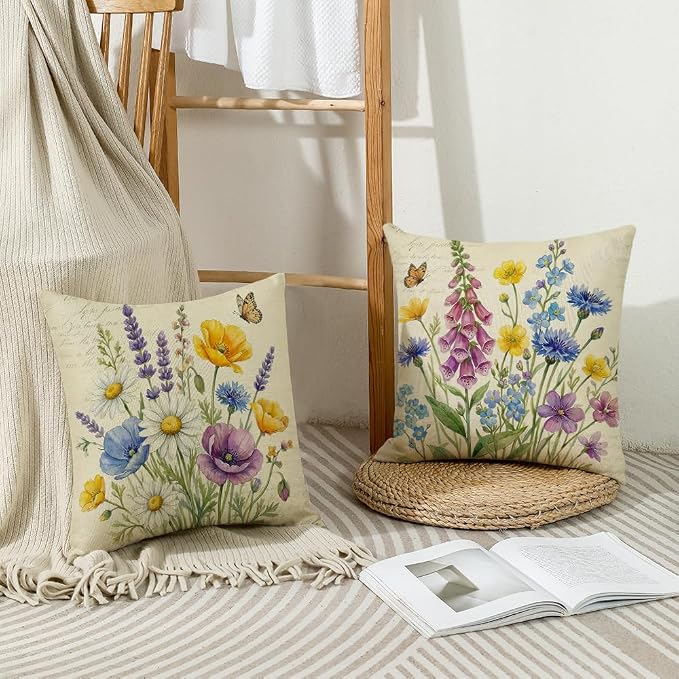 wyooxoo Throw Pillow Covers 18x18 Set of 4 Spring Pillow Covers Linen Flower Farmhouse Cushion Case for Sofa Couch Living Room Outdoor Home Decor