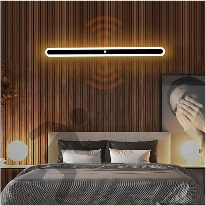 Modern LED Wall Sconce with Motion Sensor Interior Acrylic Black Wall Lamp Indoor Minimalist Long Wall Light Inside Lighting Fixtures for Living Room Bathroom Front Door Bedroom (30CM,Warm Light)