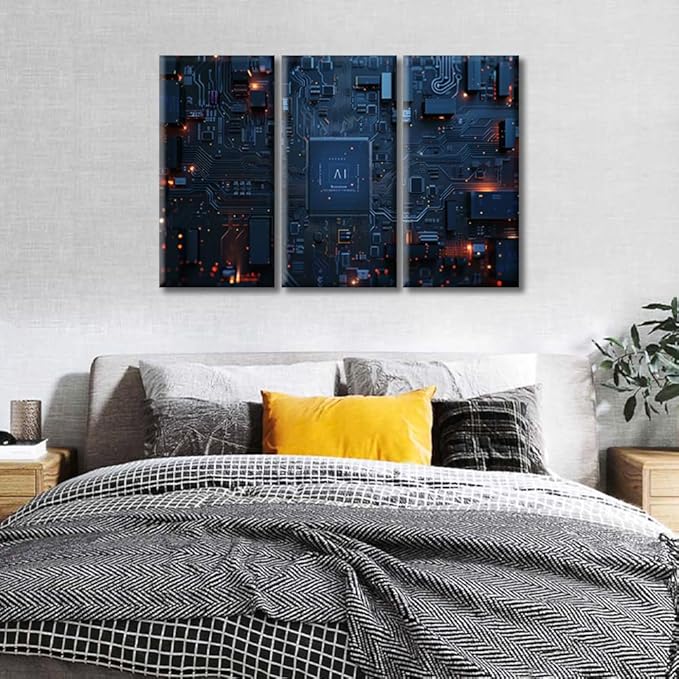 AI Advanced Circuitry Pictures Digital Intelligence Hub Wall Art Wall Decor Circuit Board Pictures Posters 3 Panel CPU Concept Canvas Artwork Wooden Frame Ready to Hang (36"Wx24"H)