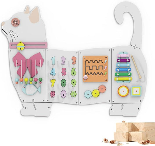 BlueWood Wooden Wall Busy Board Panels, Toddler Learning Activity Center, Montessori Philosophy Sensory, Educational Toys, Conducive to All-Round Development - Cat