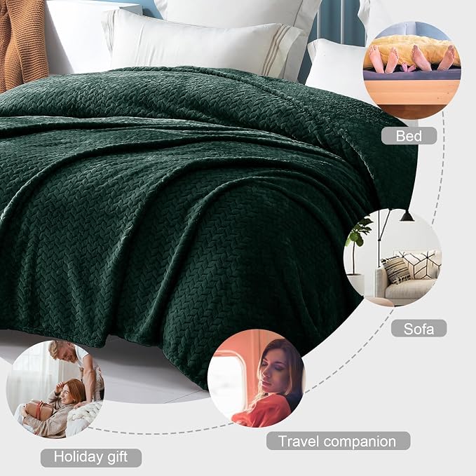 Exclusivo Mezcla Soft Fleece Bed Blanket Twin Size, 60”x80”, Forest Green | Cozy Fluffy Lightweight Blankets for Summer, Decorative Plush Flannel Throws for Living room, Bedroom with Leaves Pattern