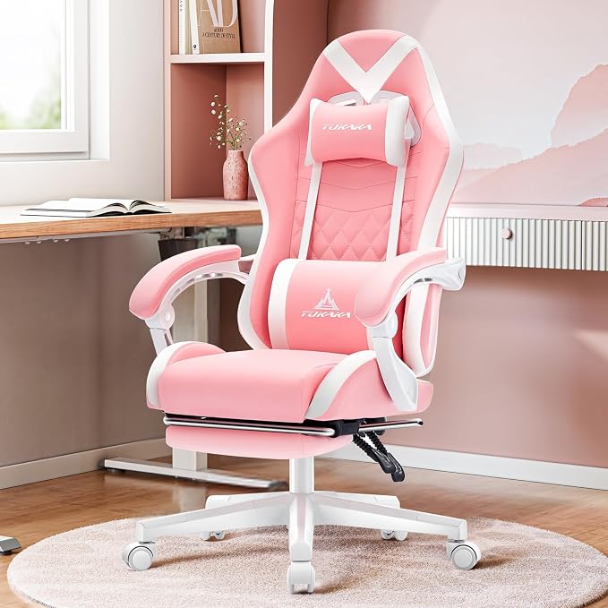 Gaming Chair,Ergonomic Massage Office Desk Chair with Footrest,Pink | Pocket Spring Cushion,Reclining,Thick High Back,Headrest and Lumbar Support,Adjustable Leather Computer Chair Gamer Chair