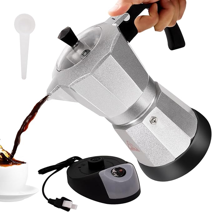 Electric Aluminum Moka Pot 3-6 Cup 150-270ml Espresso Maker | with Detachable Base Ideal Coffee Makers for Home MochaPot Italian and Cuban Café Coffeemaker Espressomaker CoffeePot Silver