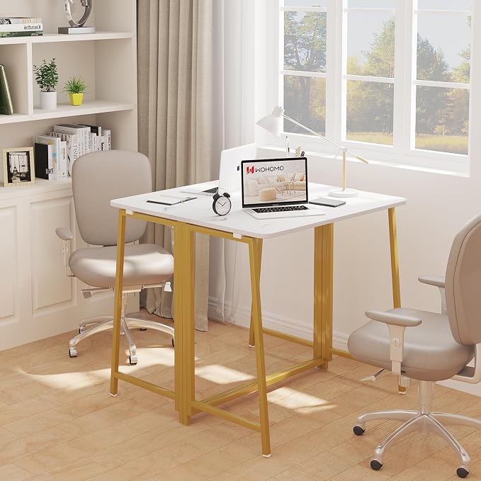 WOHOMO Folding Desk, 31.5" Foldable Computer Table for Small Spaces, Gold | Easy Assembly and Fold, Sturdy Home office desks for Study Bedroom Dorm Space Saving Writing Work Apartment