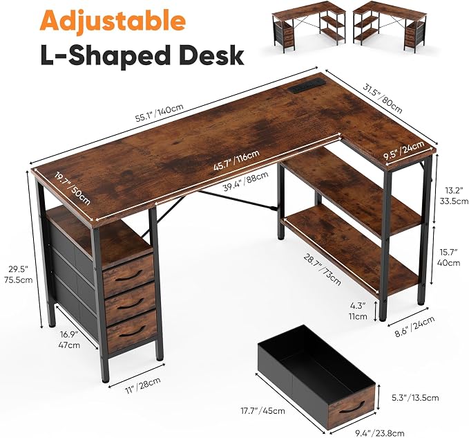 DUMOS L Shaped Desk with Drawers, Gaming Desk, 55 Inch | Power Outlet, Study Table, Adjustable Shelves, Home Office, Corner Computer Workstation, Bedroom, Brown