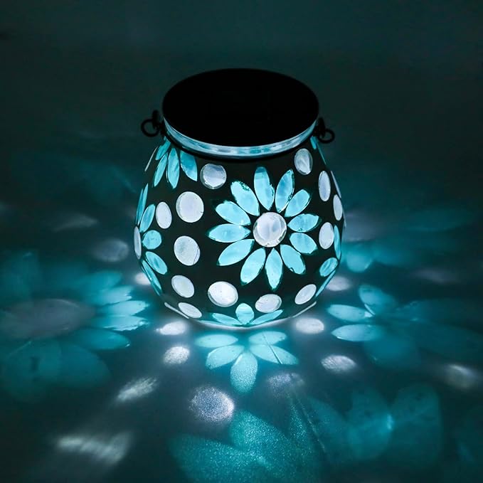 Afirst Mosaic Solar Lanterns Outdoor - Glass Hanging Solar Lights Hollow Out Waterproof Table Lamp Outdoor Decorative for Garden, Patio, Holiday Party Outdoor Decoration