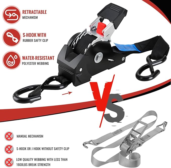 TLGREEN Retractable Ratchet Straps,Black,4 Pack,1” x 10’1650lb Break Strength Heavy Duty Auto Self Retracting Tie Down Straps for Truck, Cargo, Motorcycle, ATV, UTV,Boat