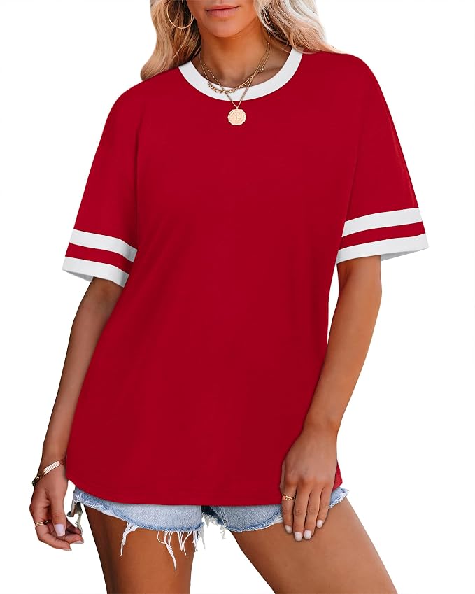 WIHOLL Womens T Shirts Loose Fit Short Sleeve Tees Crew Neck Color Block Summer Tops 2026 Fashion
