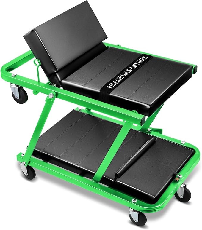 Auto Dynasty 48" Z-Creeper Seat, 2-in-1 Foldable Garage Rolling Creeper Shop Seat, 330 LBS Capacity Automotive Mechanic Under Car Repair Tool, Green