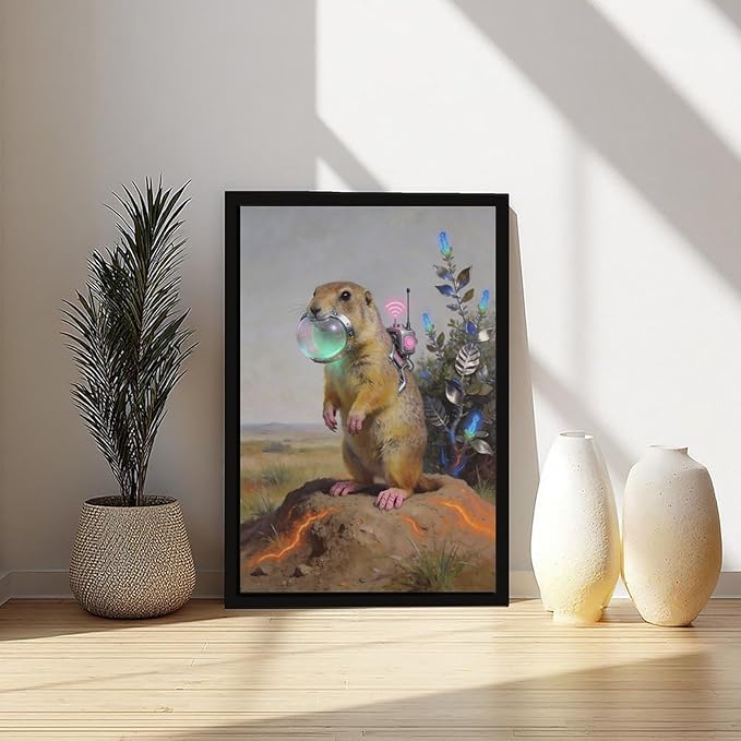 Framed Steampunk Mechanical Prairie Dog Wall Art - Retro-Futuristic Wilderness Poster for Living Room Game Room Decor 20x30in
