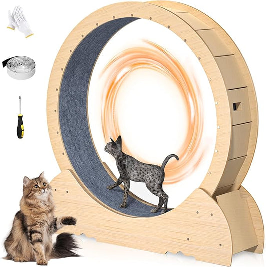 Cat Wheel, 46 Inch Cat Exercise Wheel for Indoor Cats, Silent Wooden Cats Treadmill with Stable Base and Anti-Scratch Liner
