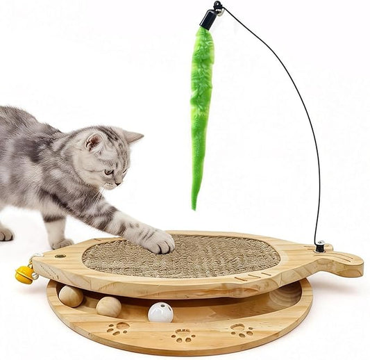 Cat Scratcher with Natural Sisal Pad, 3-in-1 Cat Scratching Board, 2-Tier Kitten Toys with Wooden Ball Track & Swing Toys -No Assembly Cats Activity Center, for Indoor and Outdoor