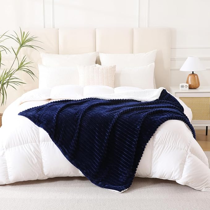 Navy Blue Sherpa Fleece Throw Blanket 60”×80”for Couch Sofa Bed | Double Side Soft Fuzzy Cozy Plush Thick Flannel Blanket with Striped Design Gift for Adults,Woman